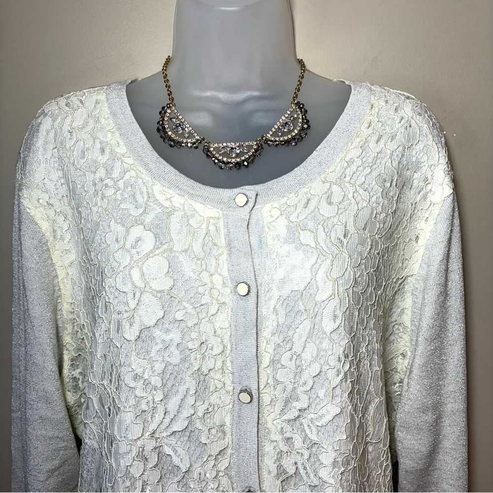 Black Rivet Gray Knit Cardigan Floral Lace Silver Thread XL NWT Elegant